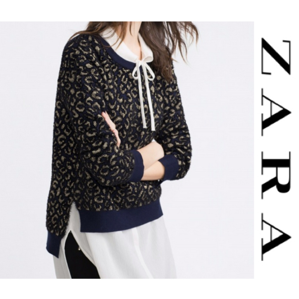 Zara Leopard Side Slit Fuzzy Knit Sweater Navy Gol